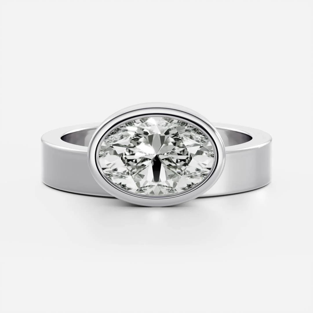 East-West Oval Cut Lab-Grown Diamond Bezel Engagement Ring with Wide Band