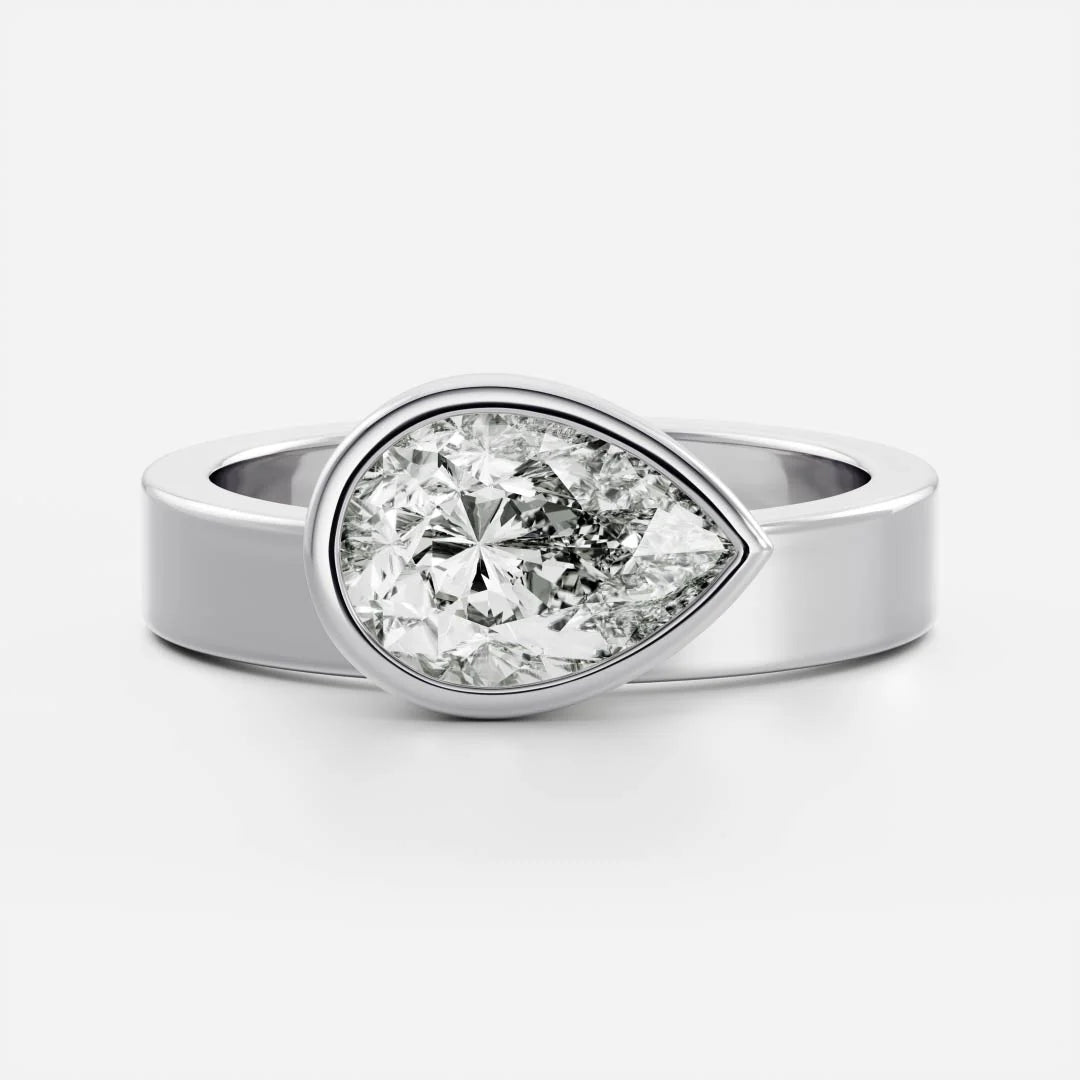 East-West Pear Cut Lab-Grown Diamond Bezel Engagement Ring with Wide Band