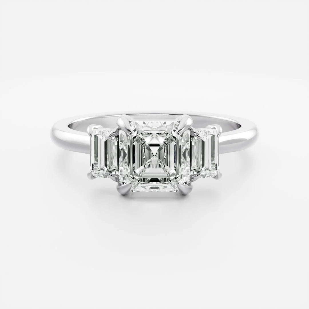 Asscher Cut Lab-Grown Diamond Three Stone Engagement Ring with Emerald Cut