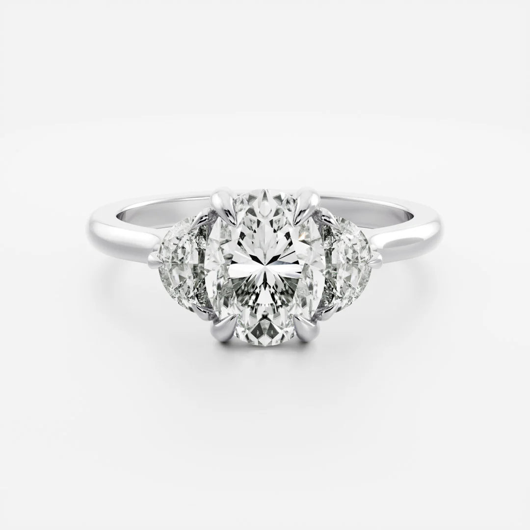 Oval Cut Lab-Grown Diamond Three Stone Engagement Ring with Half Moon Accents