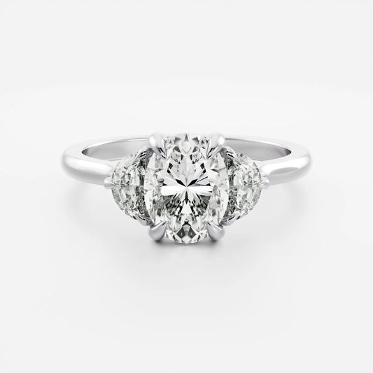 Oval Cut Lab-Grown Diamond Three Stone Engagement Ring with Half Moon Accents