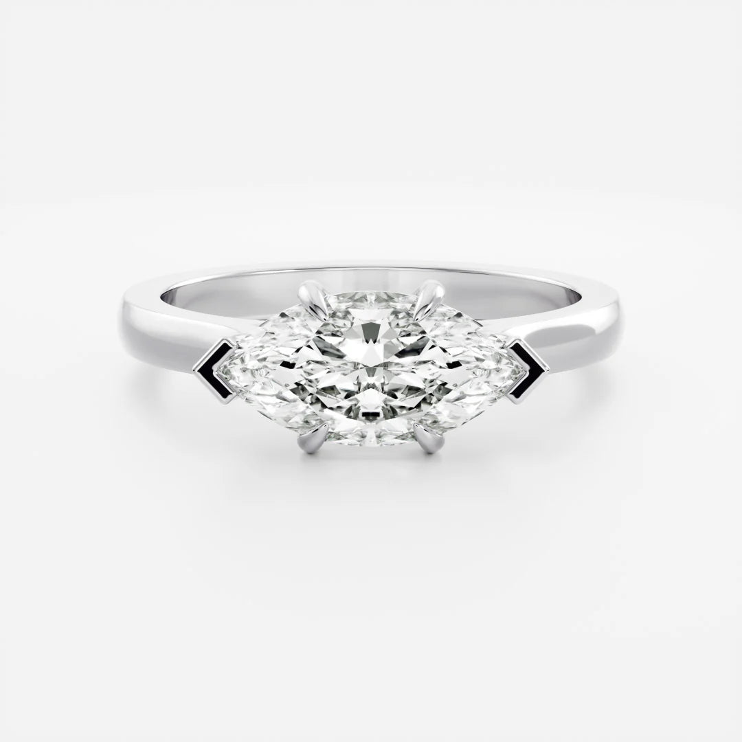 East-West Marquise Lab-Grown Diamond Solitaire Engagement Ring with Black Tip Accents