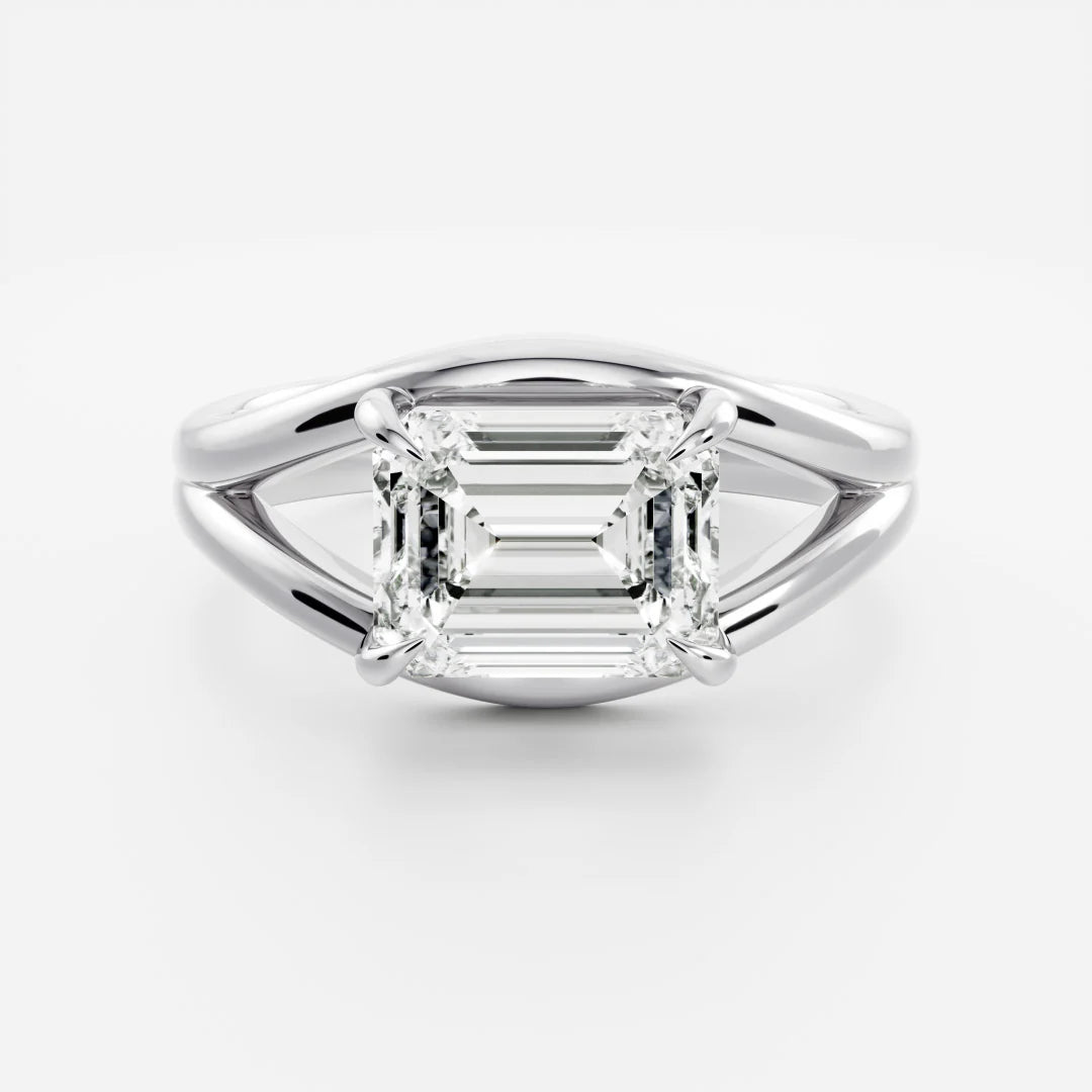 East-West Emerald Cut Lab-Grown Diamond Solitaire Engagement Ring with Split Shank