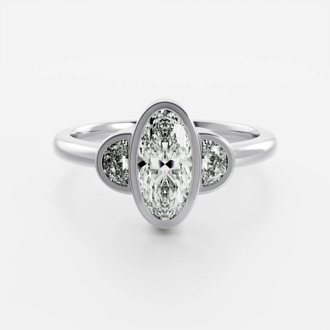 Oval & Half-Moon Lab-Grown Diamond Three Stone Bezel Engagement Ring