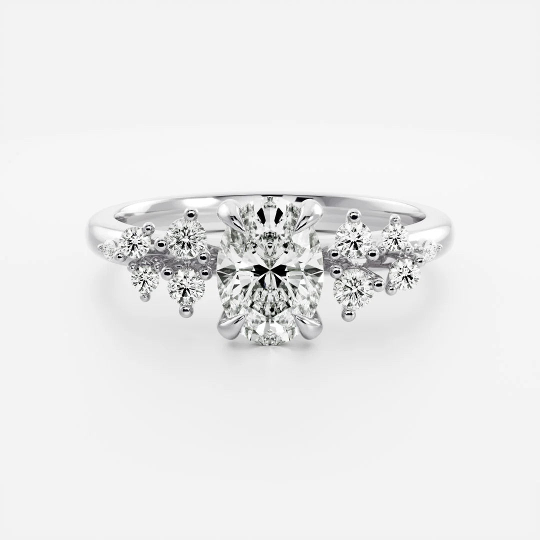 Oval Lab-Grown Diamond Solitaire Engagement Ring with Cluster Diamond Shoulders