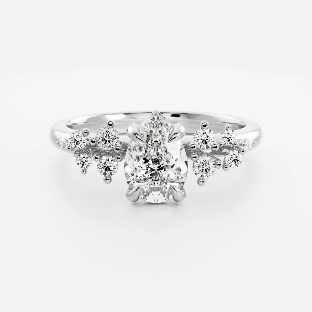 Pear Cut Lab-Grown Diamond Solitaire Engagement Ring with Cluster Diamond Shoulders