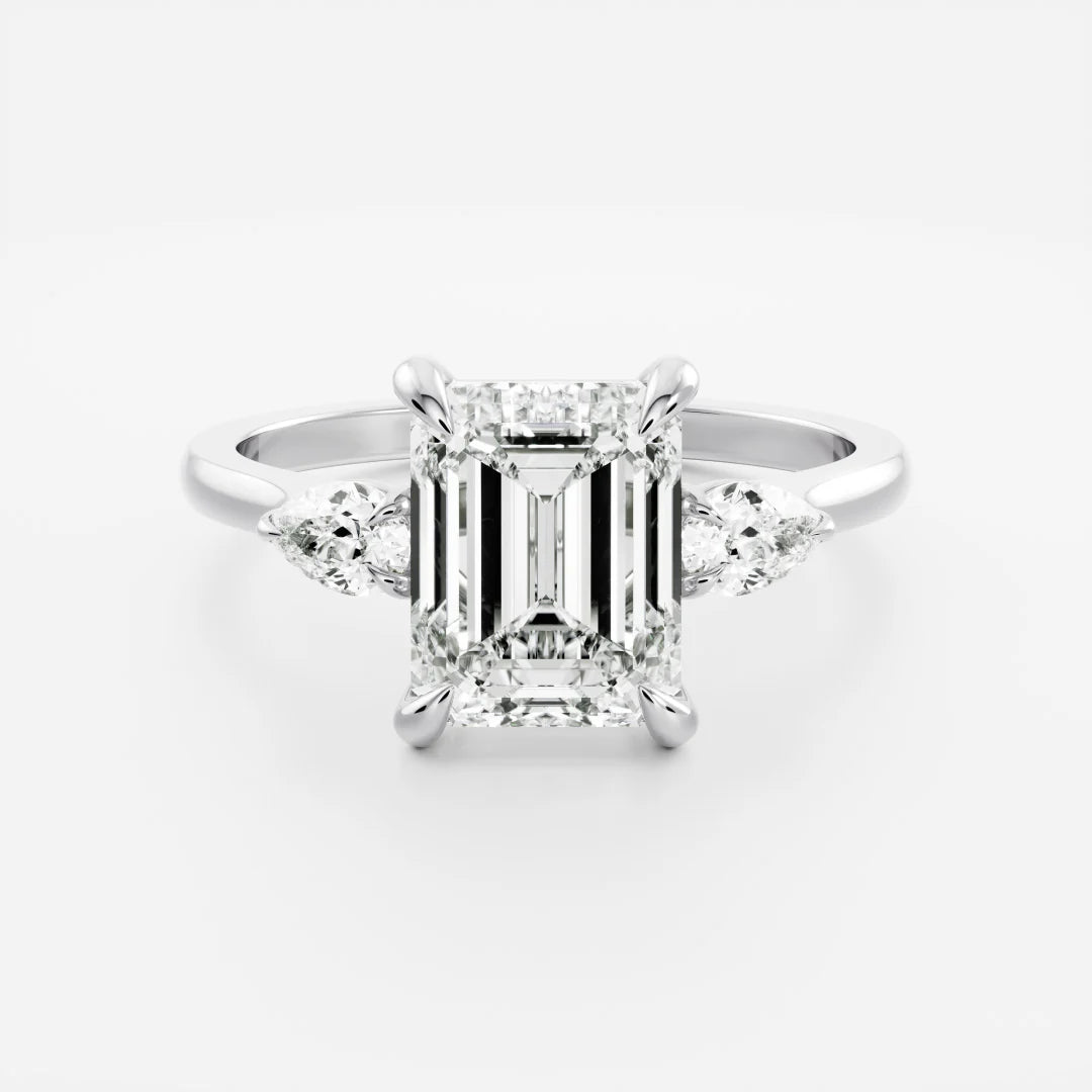 Emerald Cut Lab-Grown Diamond Three Stone Engagement Ring with Pear Accents