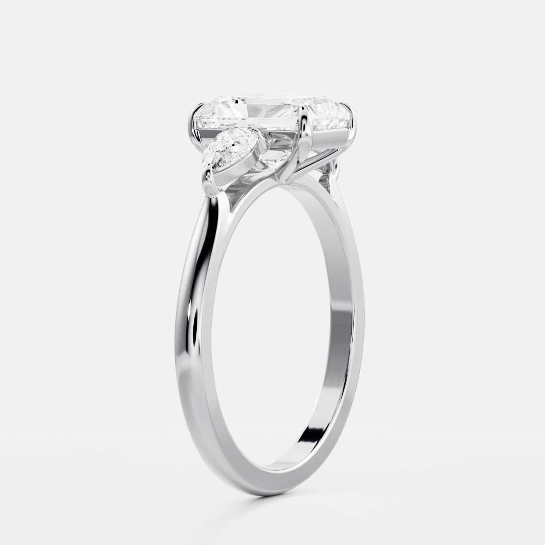 Radiant Cut Lab-Grown Diamond Three Stone Engagement Ring with Pear Accents