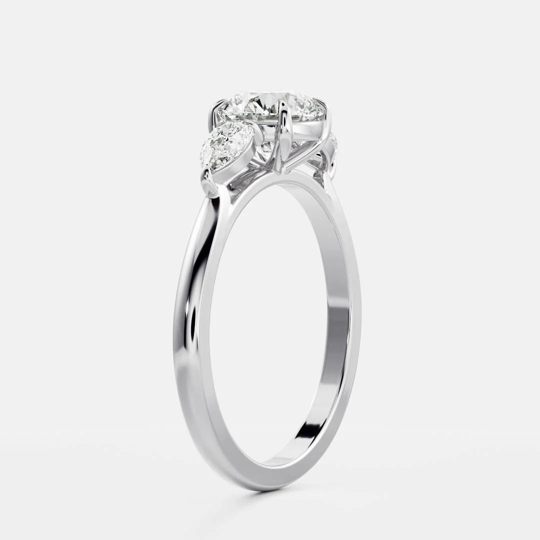 Round Cut Lab-Grown Diamond Three Stone Engagement Ring with Pear Accents