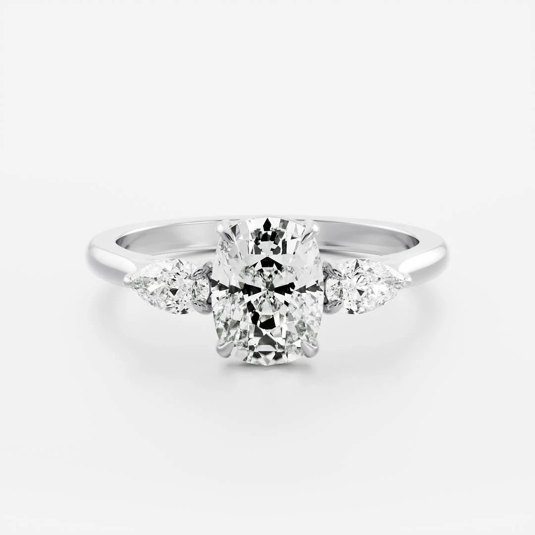 Elongated Cushion Lab-Grown Diamond Three Stone Ring with Pear Side Stones