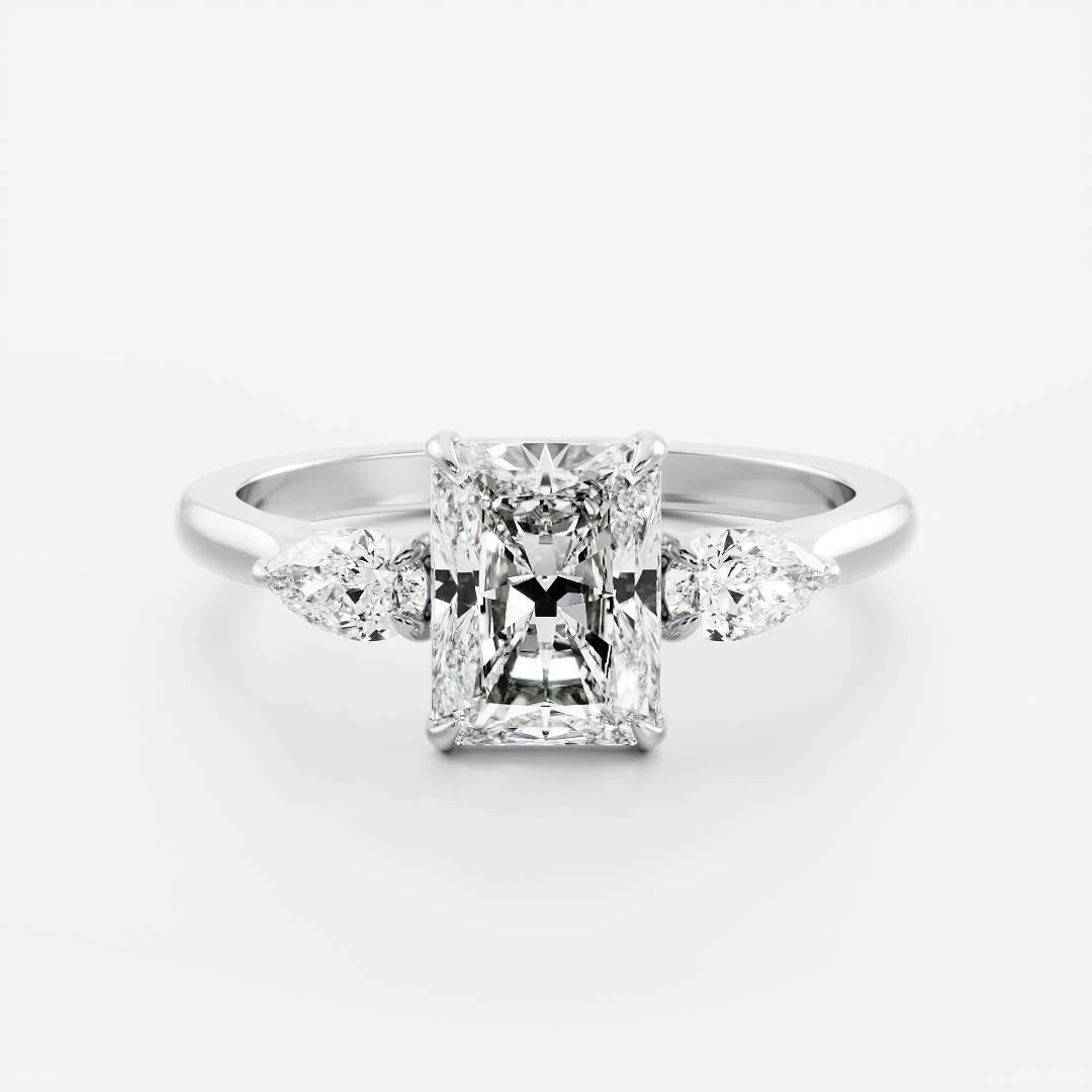 Radiant Cut Lab-Grown Diamond Three Stone Engagement Ring with Pear Accents