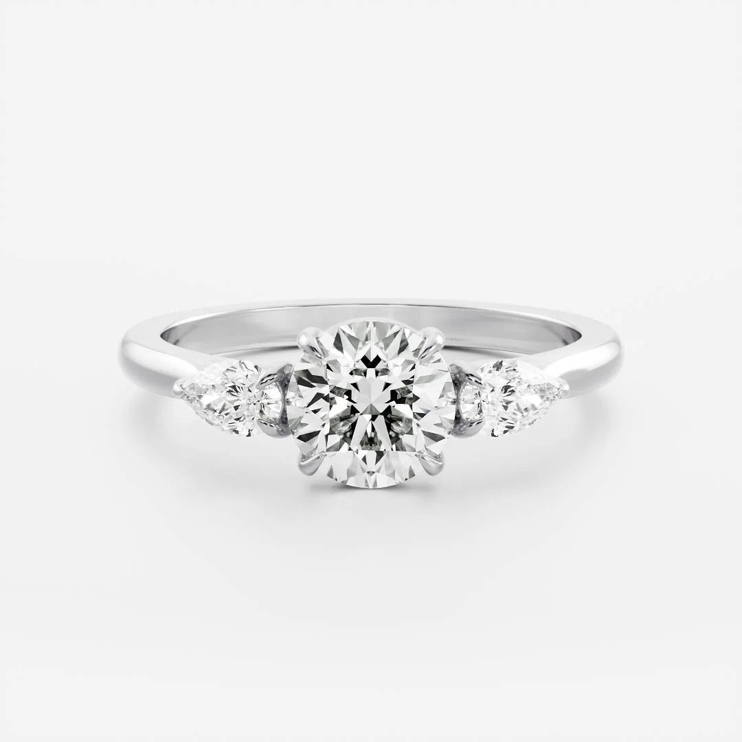 Round Cut Lab-Grown Diamond Three Stone Engagement Ring with Pear Accents