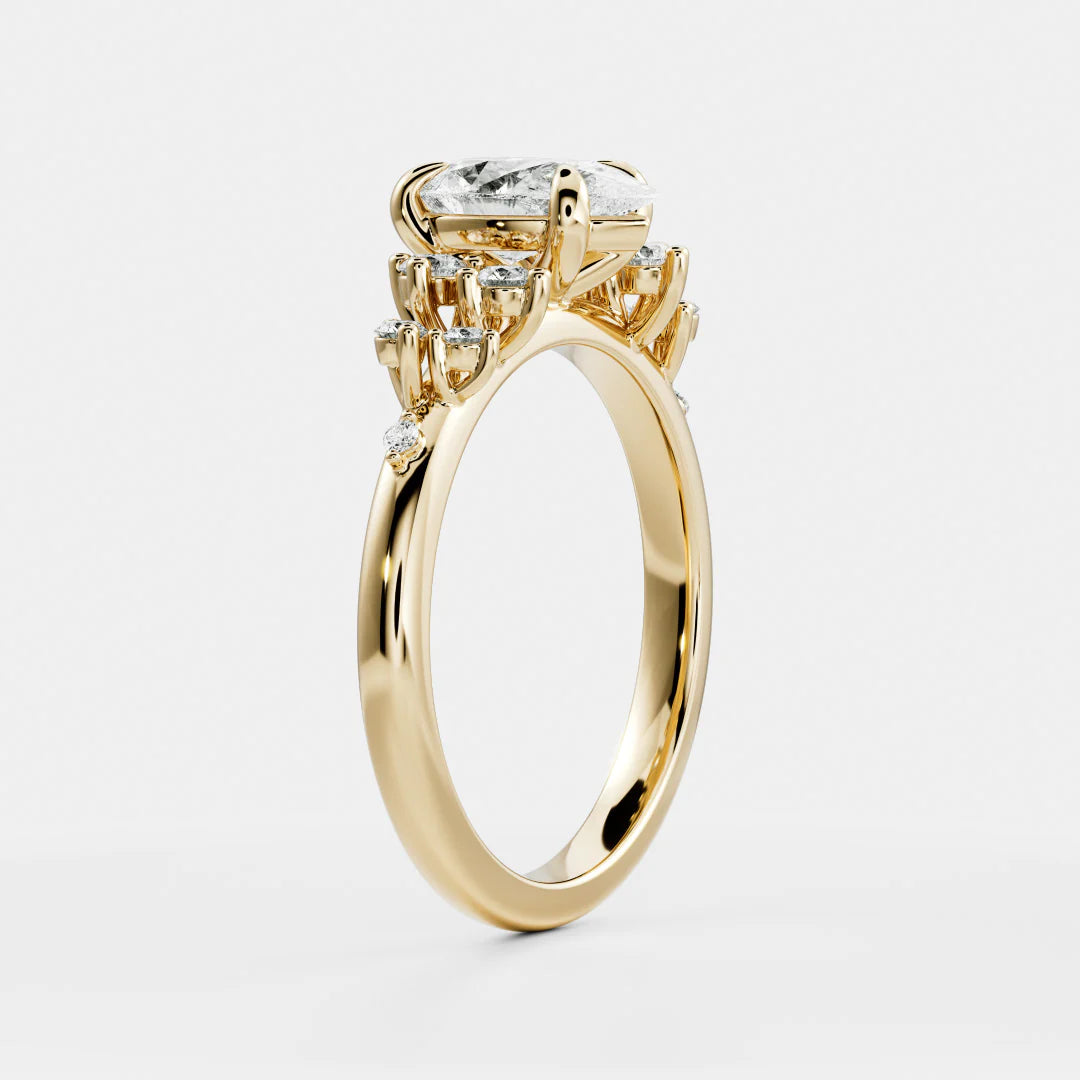 Pear Cut Lab-Grown Diamond Solitaire Engagement Ring with Cluster Diamond Shoulders