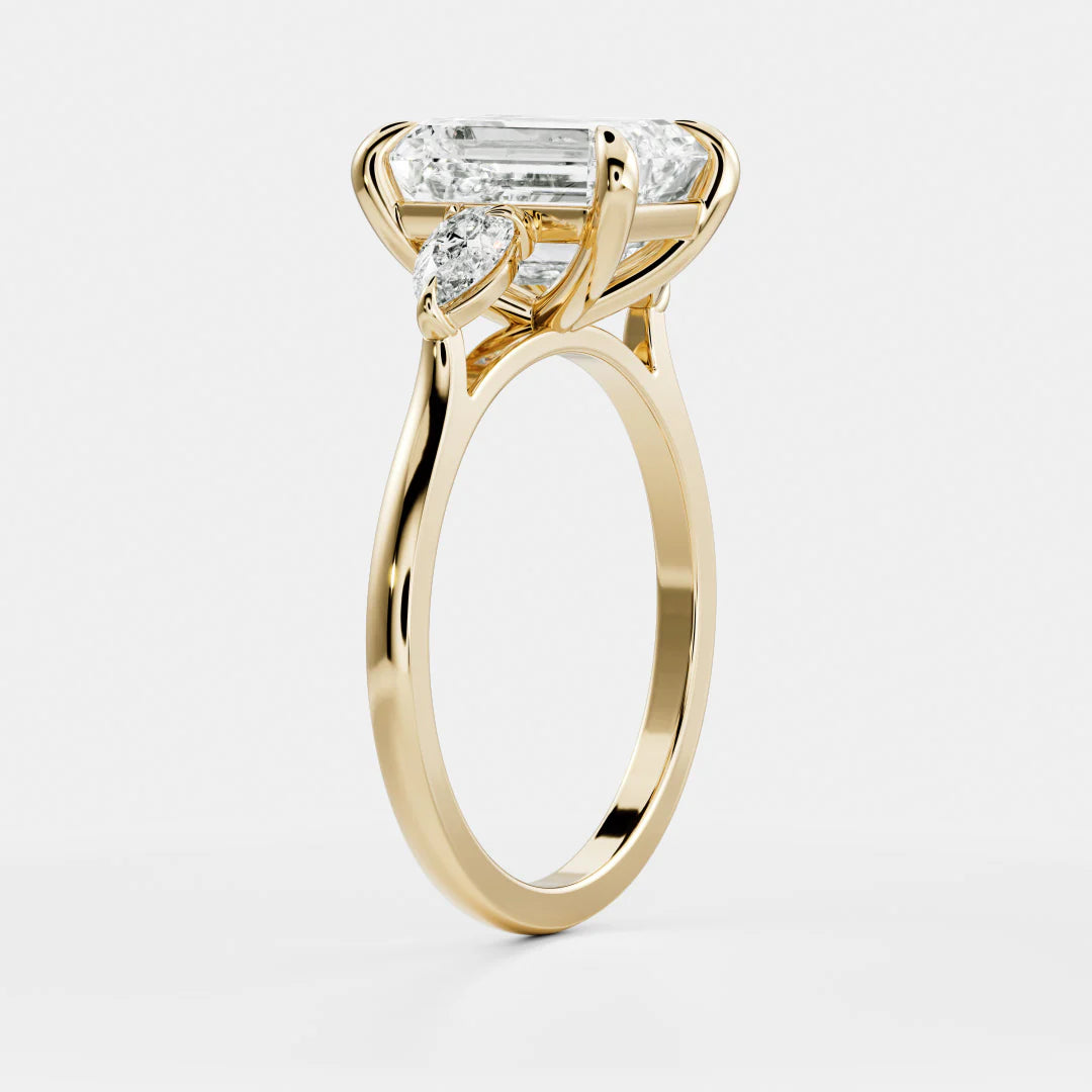 Emerald Cut Lab-Grown Diamond Three Stone Engagement Ring with Pear Accents