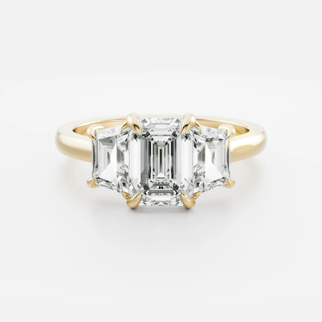 Emerald Cut Lab-Grown Diamond Three Stone Engagement Ring with Step Cut Accents