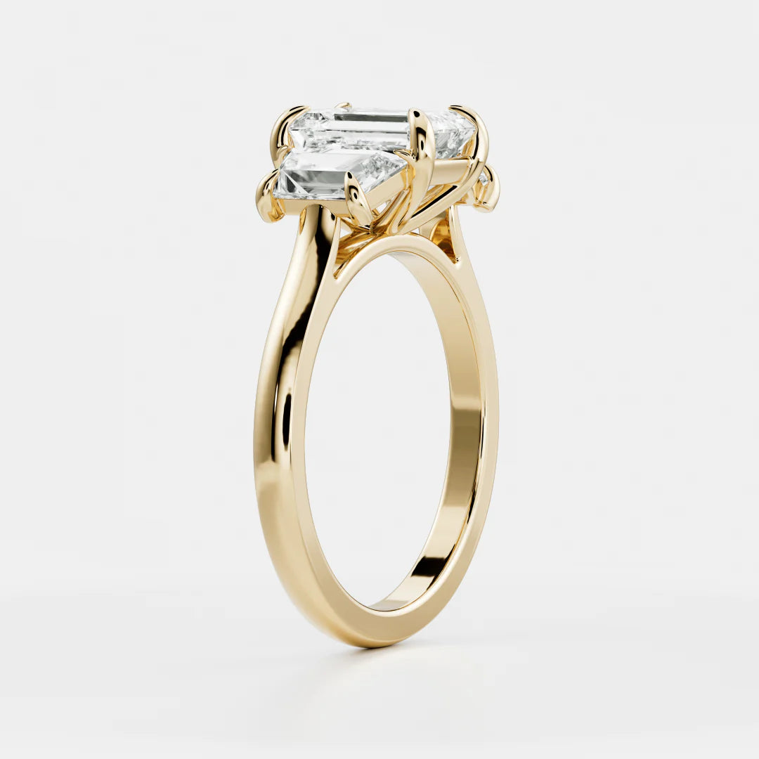 Emerald Cut Lab-Grown Diamond Three Stone Engagement Ring with Step Cut Accents