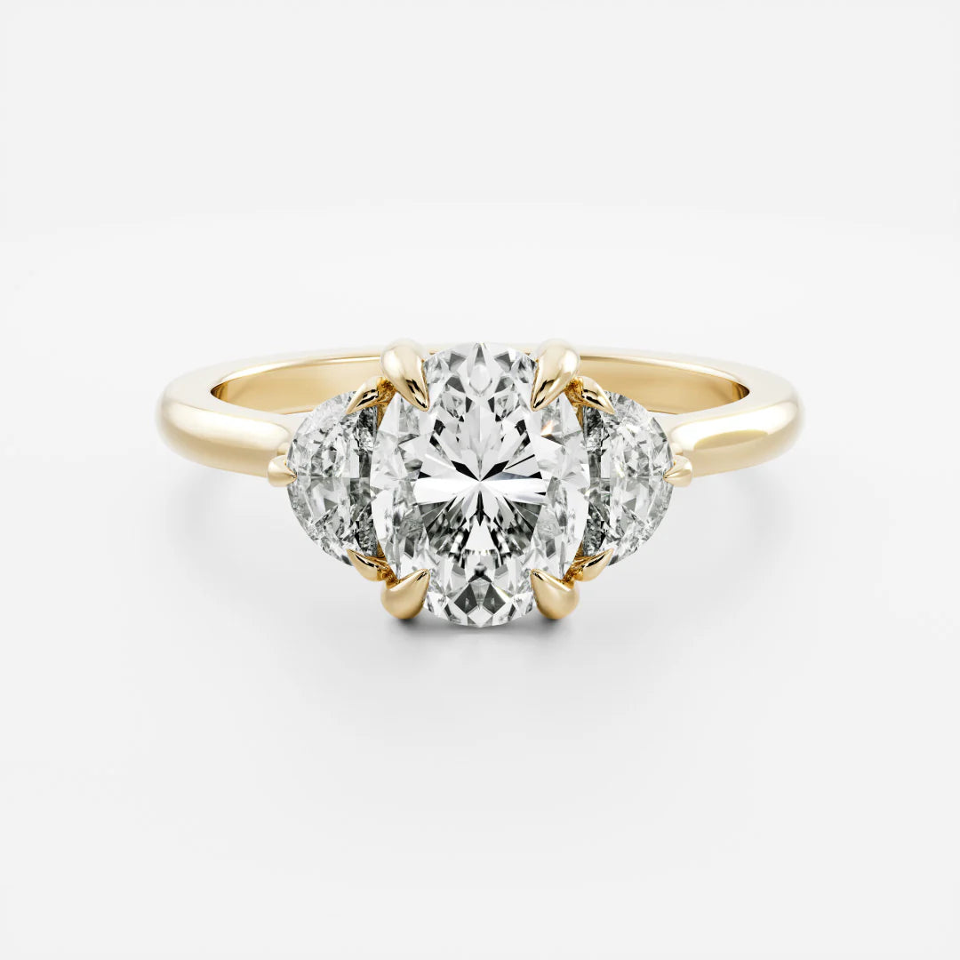Oval Cut Lab-Grown Diamond Three Stone Engagement Ring with Half Moon Accents