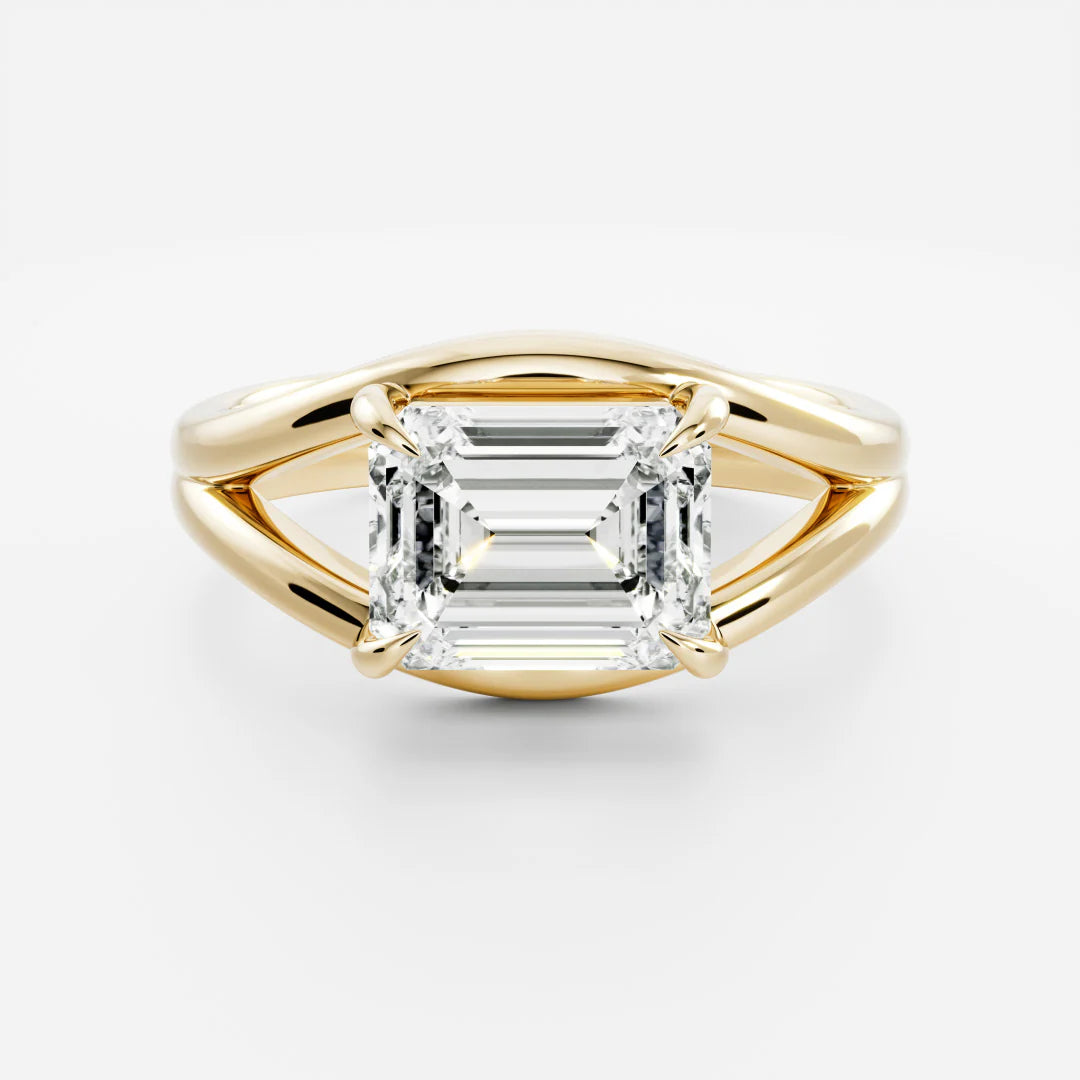 East-West Emerald Cut Lab-Grown Diamond Solitaire Engagement Ring with Split Shank