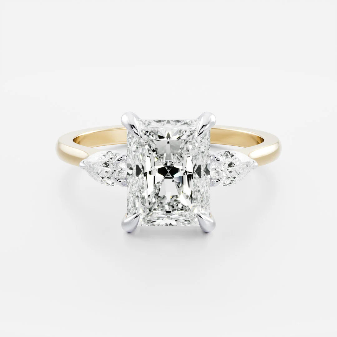 Radiant Cut Lab-Grown Diamond Three Stone Engagement Ring with Pear Accents