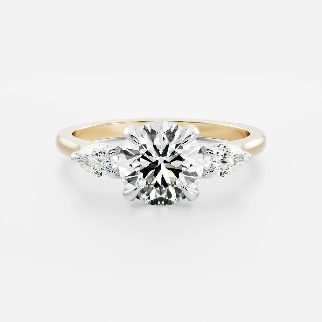 Round Cut Lab-Grown Diamond Three Stone Engagement Ring with Pear Accents