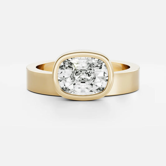 East-West Elongated Cushion Cut Lab-Grown Diamond Bezel Engagement Ring with Wide Band