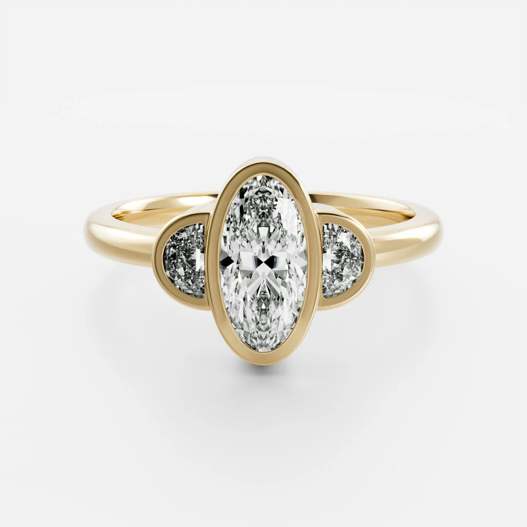 Oval & Half-Moon Lab-Grown Diamond Three Stone Bezel Engagement Ring