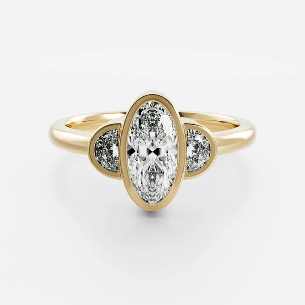 Oval & Half-Moon Lab-Grown Diamond Three Stone Bezel Engagement Ring