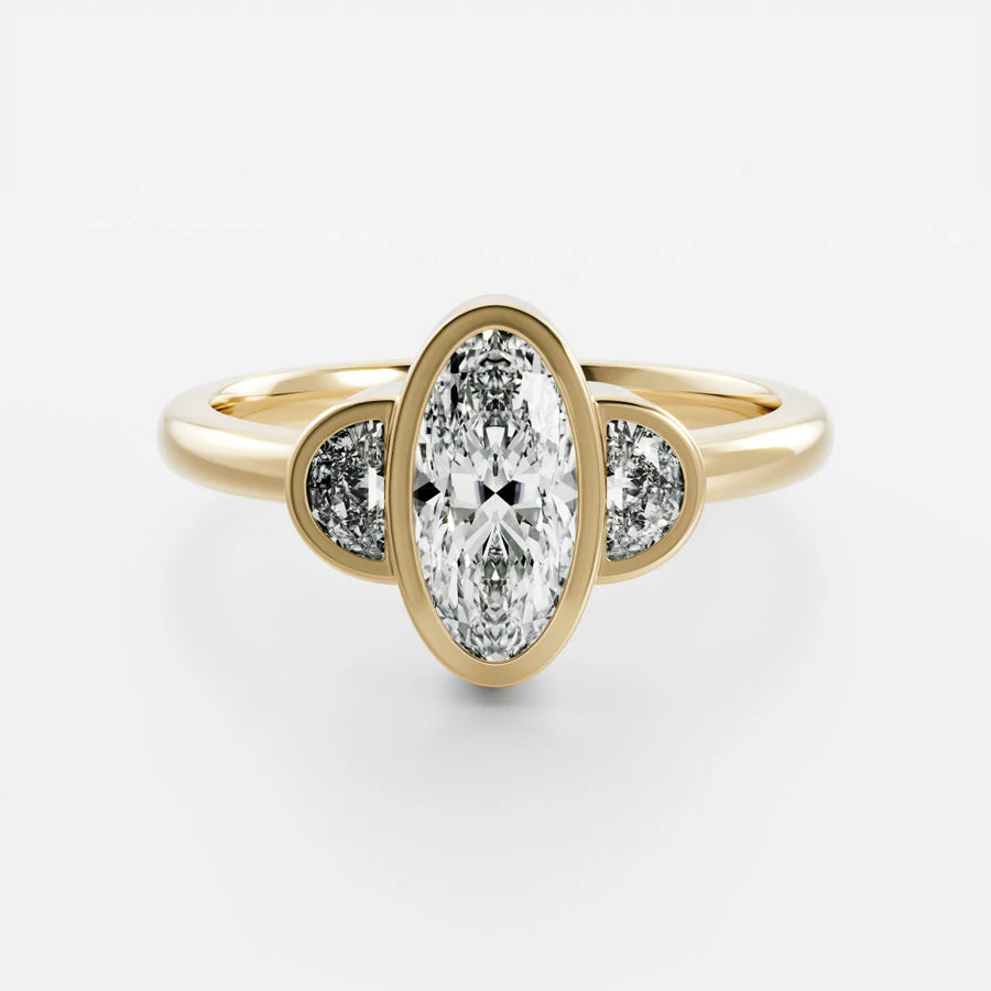 Oval & Half-Moon Lab-Grown Diamond Three Stone Bezel Engagement Ring