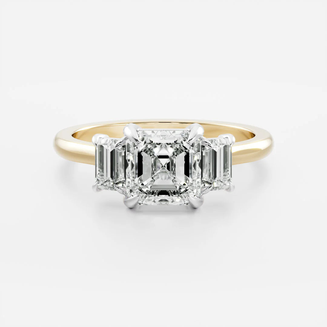 Asscher Cut Lab-Grown Diamond Three Stone Engagement Ring with Emerald Cut