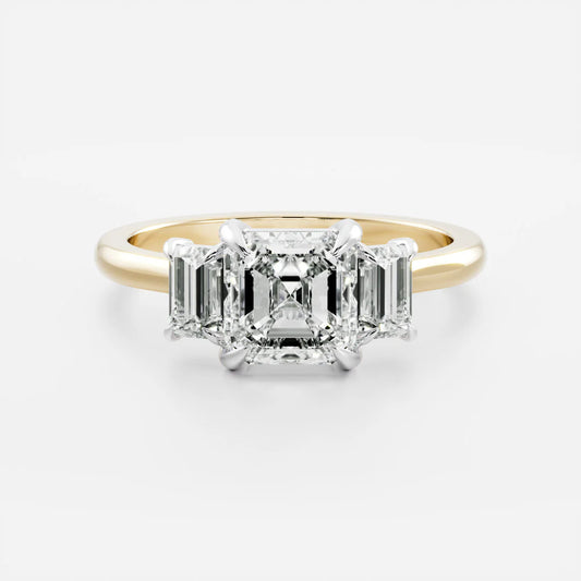 Asscher Cut Lab-Grown Diamond Three Stone Engagement Ring with Emerald Cut