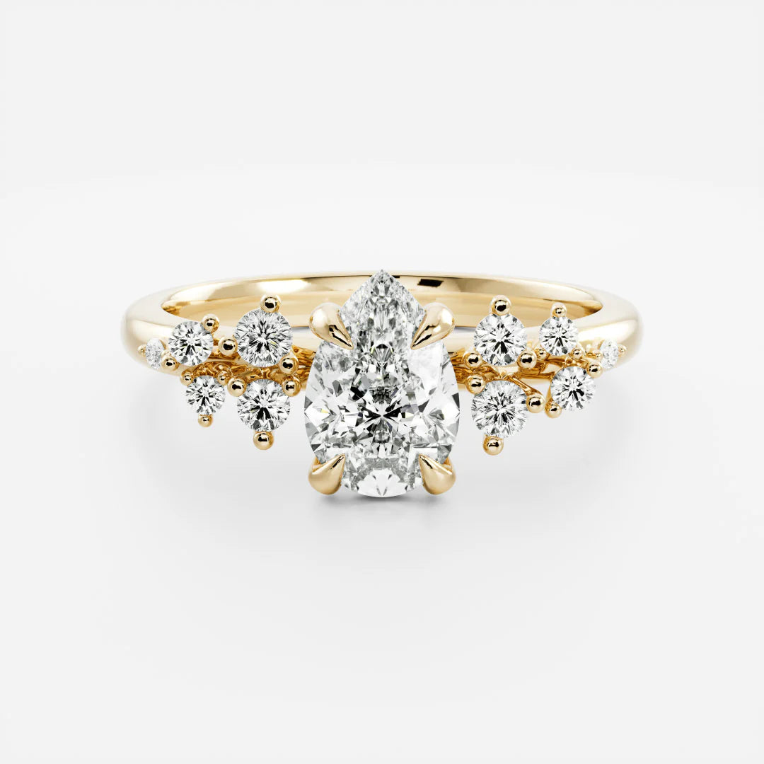 Pear Cut Lab-Grown Diamond Solitaire Engagement Ring with Cluster Diamond Shoulders