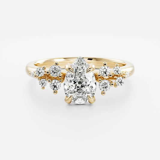 Pear Cut Lab-Grown Diamond Solitaire Engagement Ring with Cluster Diamond Shoulders