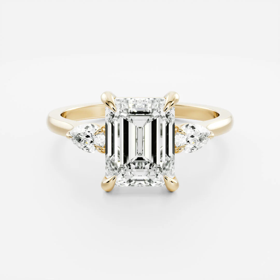 Emerald Cut Lab-Grown Diamond Three Stone Engagement Ring with Pear Accents