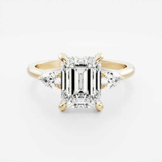 Emerald Cut Lab-Grown Diamond Three Stone Engagement Ring with Pear Accents