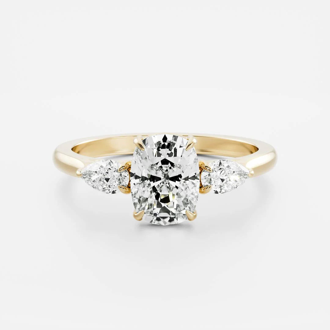 Elongated Cushion Lab-Grown Diamond Three Stone Ring with Pear Side Stones
